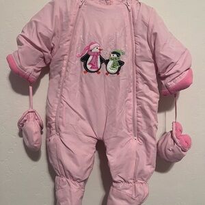 Okie Dokie Pink Footie with Penguin Embroidery